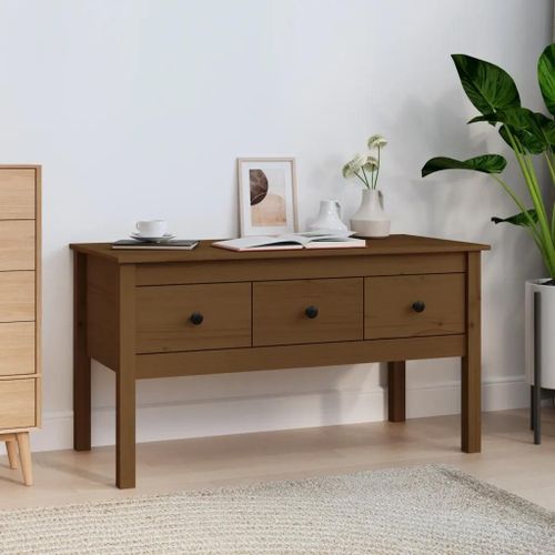 Table Basse En Bois Massif De Pin Miel | 102x49x55 Cm, 3 Tiroirs, Gain De Place, Compacte Et Stable