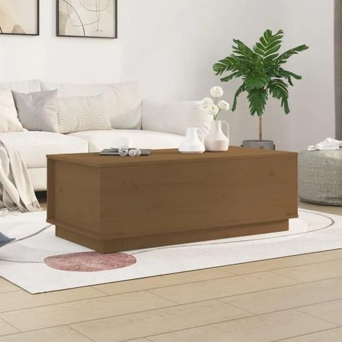 Table Basse En Bois Massif De Pin Marron Miel | 100x50x35 Cm, Dessus Relevable, 2 Compartiments De Rangement, Gain De Place, Compact