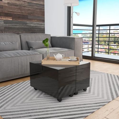 Table Basse En Bois D'ingenierie Noir Brillant | 60x60x35 Cm, Extensible 2 Cotes, Compacte, Gain De Place, Roulettes