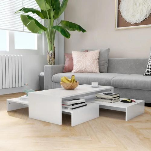 Ensemble De Tables Gigognes En Bois D'ingenierie Blanc Brillant | 3 Pieces Modulables, Gain De Place, Multifonctionnel Pour Salon/Bureau