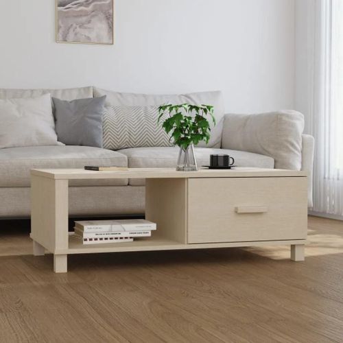 Table Basse En Bois Massif De Pin Hamar | 100x55x35 Cm, Marron Miel, Compacte Avec Tiroir Et Compartiment, Gain De Place, Multifonctionnelle