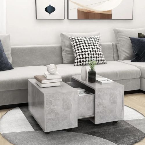 Table Basse En Bois D'ingenierie | 60x60x38 Cm, Extensible 2 Cotes, 4 Roulettes, Gain De Place, Design Moderne Gris Beton
