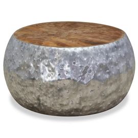 Table Basse Ronde En Aluminium Et Teck Naturel | 60x60x30 Cm, Compacte, Multifonctionnelle, Gain De Place