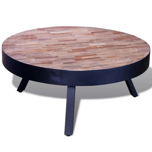 Table Basse Ronde En Bois De Teck Recycle | 80 Cm Diametre, Design Vintage Unique, Multifonctionnelle, Gain De Place, Surface Stable