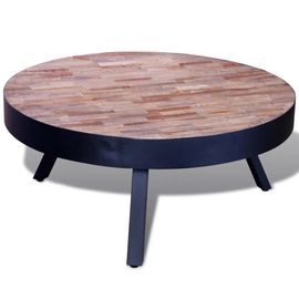 Table Basse Ronde En Bois De Teck Recycle | 80 Cm Diametre, Design Vintage Unique, Multifonctionnelle, Gain De Place, Surface Stable
