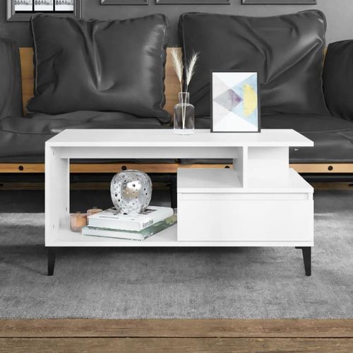 Table Basse En Bois D'ingenierie Blanc | 90x49x45 Cm, Design Intemporel, Gain De Place, Structure Metal Stable