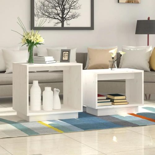 Tables Basses Gigognes En Bois De Pin Massif | 2 Pieces Blanc, Compact, Gain De Place, Multifonctionnel Pour Salon Et Chambre
