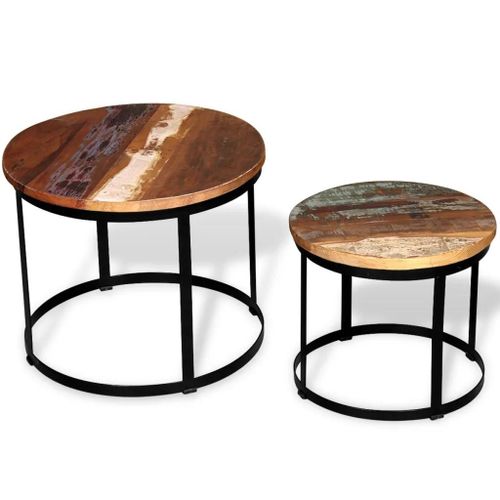 Table Basse 2 Pcs En Bois Recupere Massif | Rond 40 Cm / 50 Cm, Style Industriel Vintage, Multifonctionnel, Gain De Place