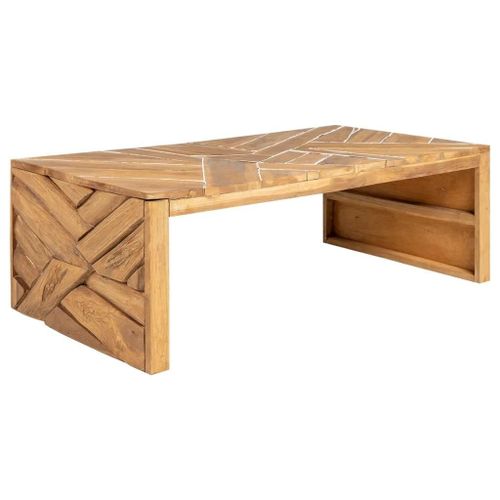 Table Basse En Bois De Teck Massif | 110x35x38 Cm, Style Erosion, Multifonctionnelle, Gain De Place