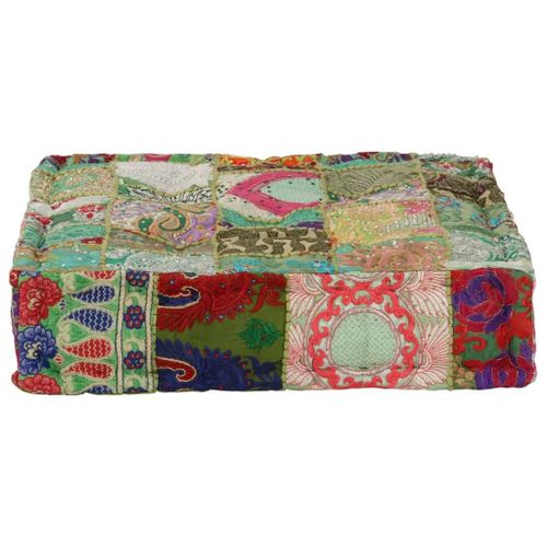 Pouf Carre En Coton Fait A La Main | 50 X 50 X 12 Cm, Vert Patchwork, Detente Et Confort, Style Vintage Indien, Gain De Place