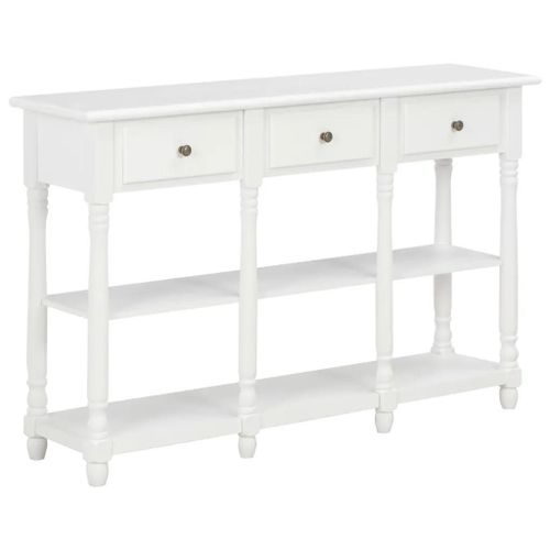 Table Console En Bois D'ingenierie Blanc | 110 X 30 X 76 Cm, 3 Tiroirs + 2 Etages, Polyvalente Pour Entree/Salon, Gain De Place