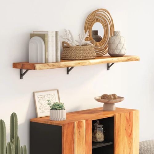 Etagere Mural En Acacia Massif | Rectangulaire A Bordure Assortie, Gain De Place, Multifonctionnel Pour Salon/Bureau