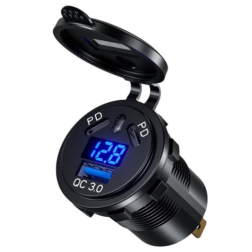 BAERTMY-Double Pd3.0 Prise Usb 12V Voiture Adaptateur, 45W Pd Type C & 18W Qc3.0 Moto, Avec Interrupteur Et Voltmètre, Charge Rapide Etanche Pour Marine, Bateau, Camion