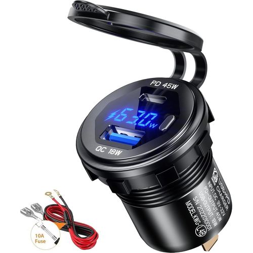 Baertmy-Prise De Chargeur De Voiture 18w Qc3.0 Usb Et 45w Pd Type C Avec Voltmètre Numérique Led Et Interrupteur Étanche Pour 12v-24v Voitures Bateaux Moto