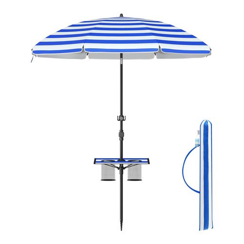 Parasol 160 Cm, Upf 50+, Inclinaison De 30° Des 2 Côtés, Hauteur Réglable, Petite Tablette, Crochets, Sans Base, Bleu Et Blanc