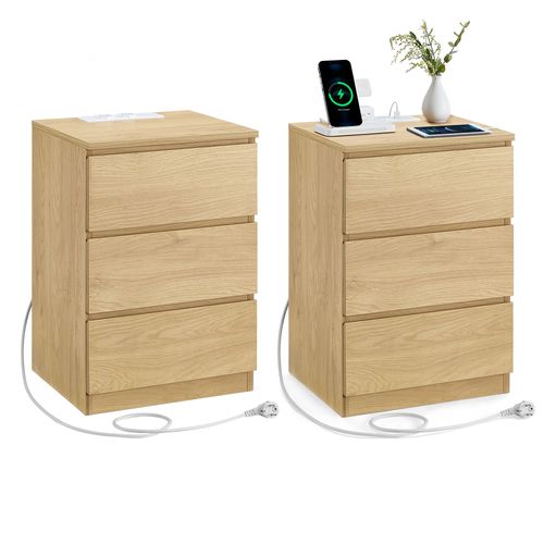 Table De Chevet Avec Multiprise, Lot De 2, Table D'appoint Avec 3 Tiroirs, 2 Prises Ca, 2 Ports Usb, Pour Salon