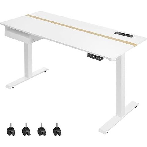 Bureau Électrique Réglable En Hauteur, Bureau Assis-Debout, Surface 60 X 140 Cm, Réglable En Continu, Fonction Mémoire De 4 Hauteurs, Blanc