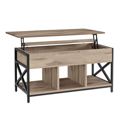 Table Basse, Relevable, Table Basse Avec Rangement Caché Et Compartiments Ouverts, Cadre En Acier, 50 X 100 X (46,5-62) Cm, Marron Camel Et Noir