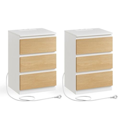 Table De Chevet Avec Multiprise, Lot De 2, Table D'appoint Avec 3 Tiroirs, 2 Prises Ca, 2 Ports Usb, Blanc Nuage Et Jaune Amande