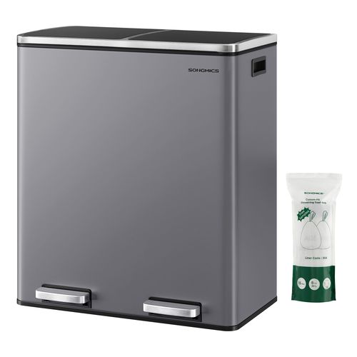 Poubelle à double compartiment 2 x 30 L, Pédales en métal, 2 Seaux Intérieurs en plastique, Couvercles, Poignées, Fermeture en douceur, Gris Ardoise LTB060G01