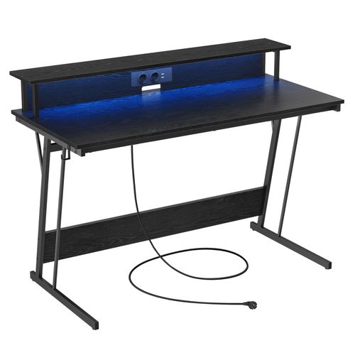 Bureau Gaming Avec Led Et Multiprise, Table Gamer, Noir Boisé
