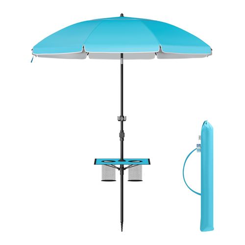 Parasol 160 Cm, Upf 50+, Inclinaison De 30° Des 2 Côtés, Hauteur Réglable, Petite Tablette, Crochets, Adapté Pour Plage, Jardin, Sans Base, Bleu
