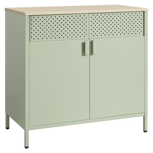 Meuble De Rangement, Buffet, En Métal, Double Porte, Fermeture Magnétique, Cadre En Acier, 40 X 80 X 76 Cm, Vert Laurier Et Couleur Chêne Naturel