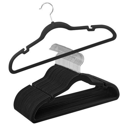 Cintres en velours, Lot de 30, avec encoches, Barre pour pantalons, Crochet Pivotant à 360°, Gain de place, Épaisseur 0,6 cm, Longueur de 43 cm, Noir