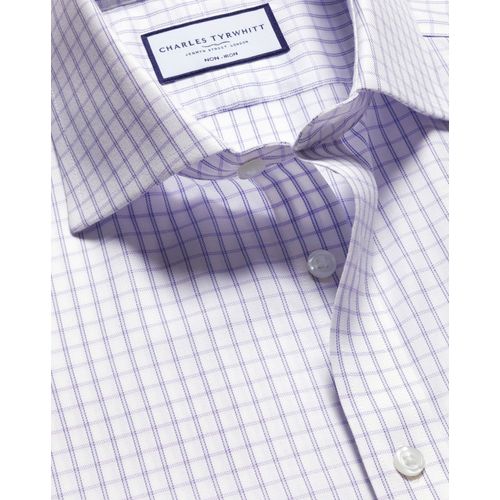 Chemise En Sergé À Petits Carreaux Et Col Italien Sans Repassage - Lilas Foncé Pour Homme Par Charles Tyrwhitt