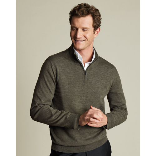 Pull À Col Zippé En Mérinos - Vert Olive Chiné Pour Homme Par Charles Tyrwhitt