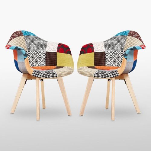 Set Of 2 Patchwork Fabric Chairs - Scandinavian Design - Armrests - Dining Room, Living Room, Office - Retro Style Life Interior
