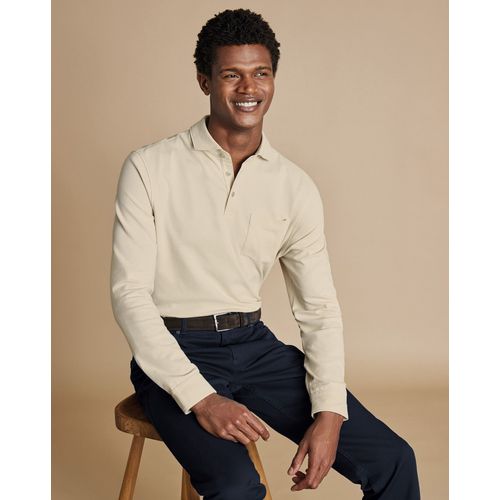 Polo En Piqué À Manches Longues - Gris Galet En Beige Pour Homme Par Charles Tyrwhitt