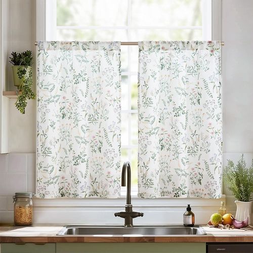 Ershi-Rideau Cuisine Fleuris Vert Et Beige Rideaux Brise-Bise Court Ferme Plantes Et Fleurs Aspect Lin Translucide Petit Décor De [1
