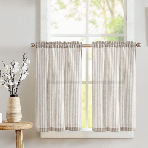 Ershi-Rideau Cuisine À Rayures Lot De 2 Rideau Lin Gris Et Beige Rideaux Translucide À Passe-Tringle Rideaux Fenetre Brise-Bise Co[3