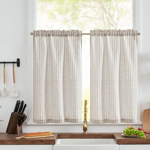 Ershi-Rideau Cuisine À Rayures Lot De 2 Rideau Lin Gris Et Beige Rideaux Translucide À Passe-Tringle Rideaux Fenetre Brise-Bise Co[3