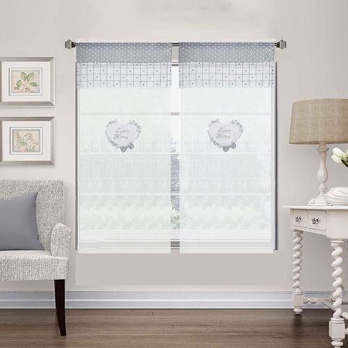 Ershi-Paire De Rideaux De Fenêtre Shabby Chic C?ur En Tissu Brodé Sweet Home, Rideau 60 X 240 Cm 3d N?ud Gris Blanc[877]