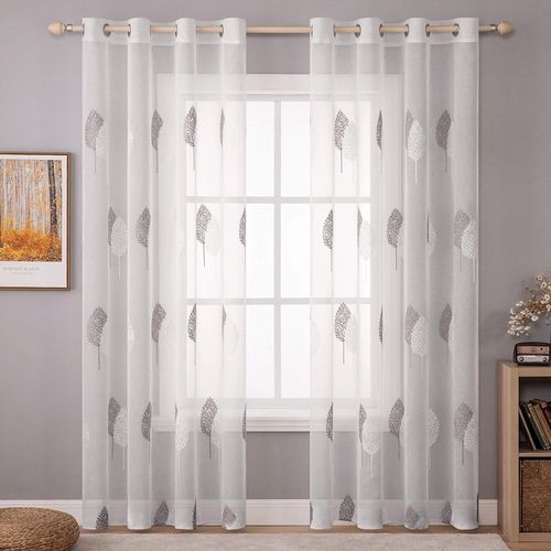 Ershi-Rideaux Voilage Avec Beau Motif De Feuilles Gris Et Blanc, Intérieurs Rideau Voile Brodé A Oeillets Largeur 140 Cm Hauteur 2[2