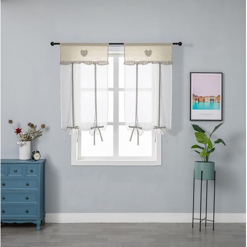 Ershi-Tournesol Paire De Rideaux Blancs En Lin-Coton-Polyester Avec Broderie C?ur Gris Style Shabby Chic 2 Panneaux Avec Poche (Gr[1