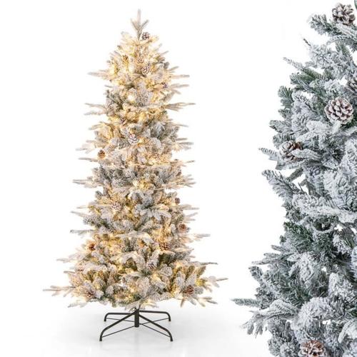 COSTWAY Sapin de Noël Floqué de Neige 180 cm 210 Lumières à Incandescence Blanches Chaudes 36 Pommes de Pin 715 Branches PE et PVC