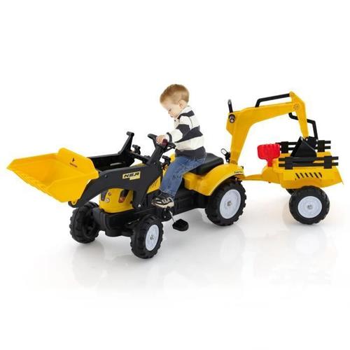 Tracteur Pour Enfant 3 En 1 - Costway - Jouet Pelle, Remorque Amovible - 6 Roues, Volant, Klaxon - Jaune