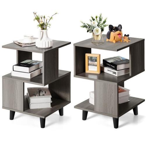 Costway Lot De 2 Tables De Chevet 3 Niveaux - Table D'appoint Avec Patins Antidérapants, Étagère De Rangement - Salon, Chambre