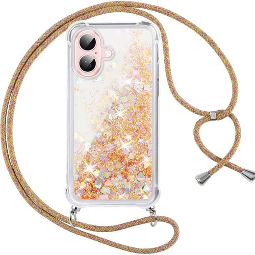 Ershi-Coque Pour Iphone 16 Avec Cordon, Paillette Liquide Transparent Crystal Glitter Housse, Protection Antichoc Silicone Souple [1