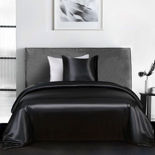 Ershi-Housse De Couette Satin 140x200 Noir Avec Taie D'oreiller 65x65 Cm Parure De Lit Adulte 1 Personne Linge De Lit Satin De Soi[2