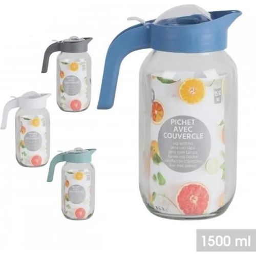 Pichet En Verre À Boissons Carafe À Eau De Service 1,5 Litres Pour Jus De Fruits Avec Couvercle Couleur Assorties.