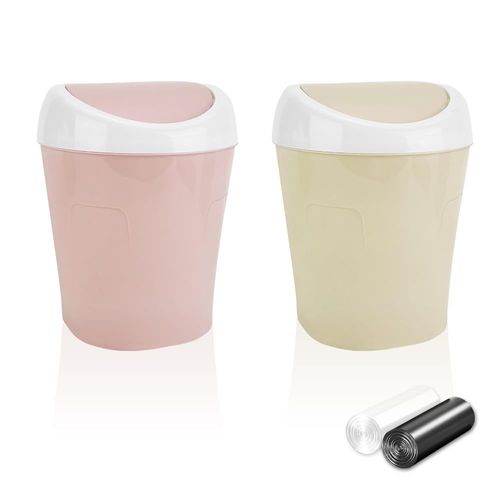 Anwxai-Mini Poubelle,Poubelle De Table Avec Couvercle,Poubelle De Bureau Avec Couvercle Basculant Pour Salles De Bain,Bureaux,Commodes Et Chambres À Coucher(Rose,Blanc)