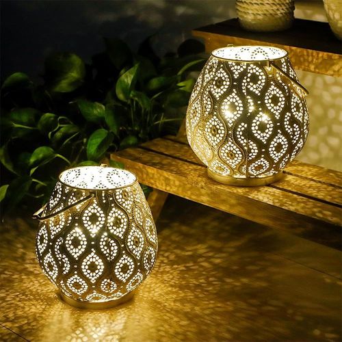 Anwxai-Lot De 2 Lampes Décoratives Marocaines 26 Cm H Lampe Sans Fil À Piles Lampes De Table En Métal Avec Ampoule Guirlande Lumineuse Pour Jardin Fête Événements Table Intérieur Extérieur(Blanc)