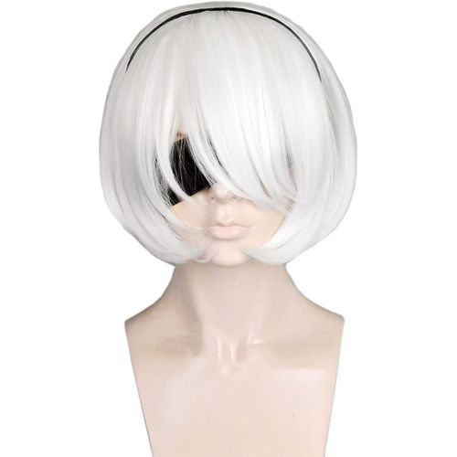 Anwxai-Perruque Courte Pour Femme Blanc Halloween Costume Cosplay Perruque Longue Frange 