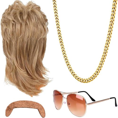Anwxai-Perruque Mulet Perruque Annee 80 Homme Miroir Lunettes De Pilote Chaîne Fête De Mauvais Goût Accessoire Soirée À Thème Carnaval,Dollar Des Années 80 Et 90,Accessoires De Fête De