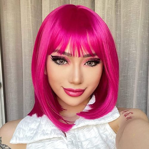 Anwxai-Bob Perruques Rose Vif Courtes Pour Femmes Avec Frange Droite Résistant À La Chaleur Synthétique Rose Rouge Coloré Cheveux Costume Cosplay Fête Halloween Usage Quotidien Wig 12 
