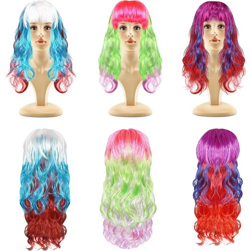 Anwxai-Perruque Multicolore Longue Ondulée(Lot De 3)-Perruque Arc En Ciel De 68 Cm Bouclée Avec Frange Et Filet Cheveux-Perruque Synthétique Halloween,Déguisement & Cosplay Pour Filles & Femmes 